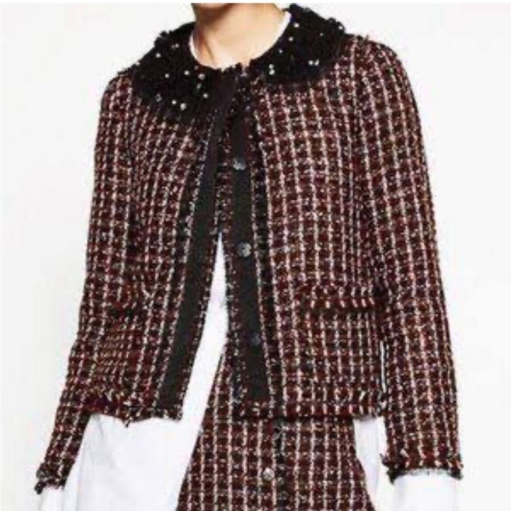 Zara Tweed Red and Black Blazer with Embellished Detail Collar
